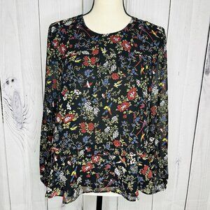 Madewell Womens Finch Floral Peplum Blouse Size M Black Long Sleeve Top Lined
